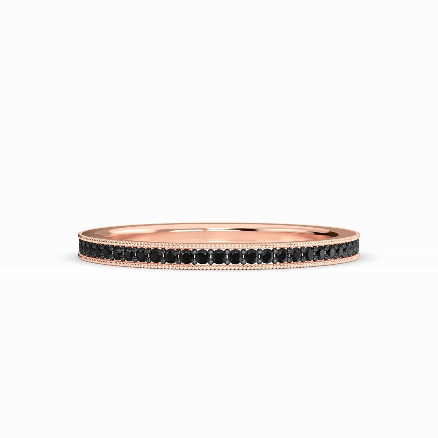 The Black Diamond Milgrain Eternity Pave Band - Mariel is a slim rose gold ring with a row of black diamonds set along the band, shown against a plain white background.