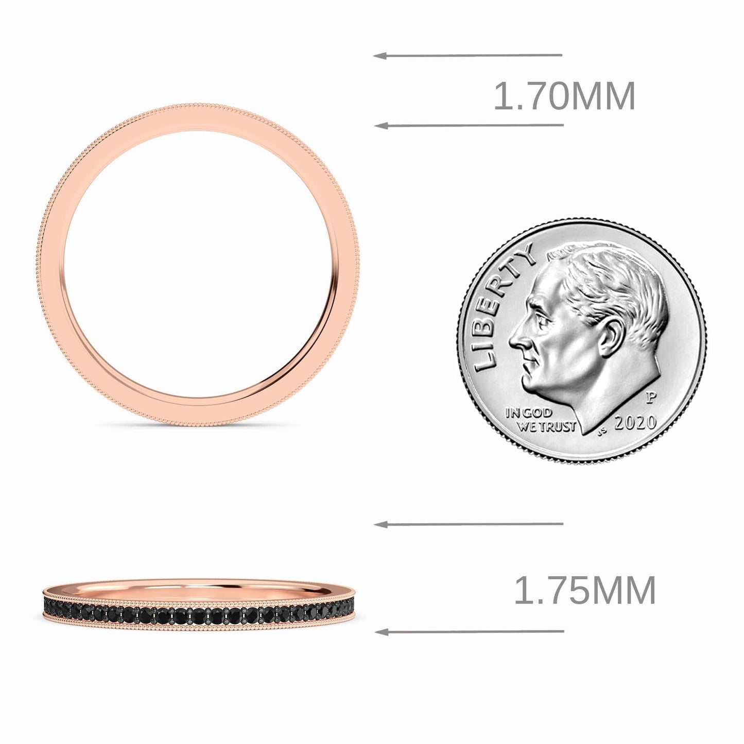 The Black Diamond Milgrain Eternity Pave Band - Mariel is shown in rose gold from top and side views, next to a US dime for scale. Arrows indicate the width: 1.70mm (top view) and 1.75mm (side view).