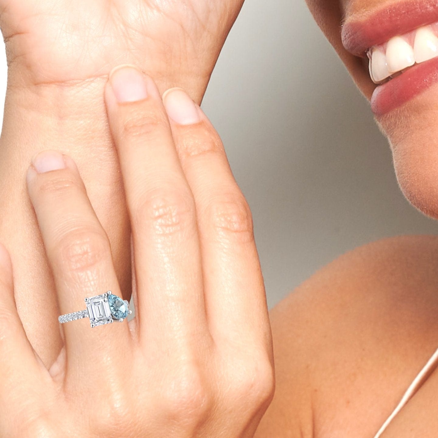 Lab Grown Moissanite & Aquamarnine Toi et Moi Ring - Gauri