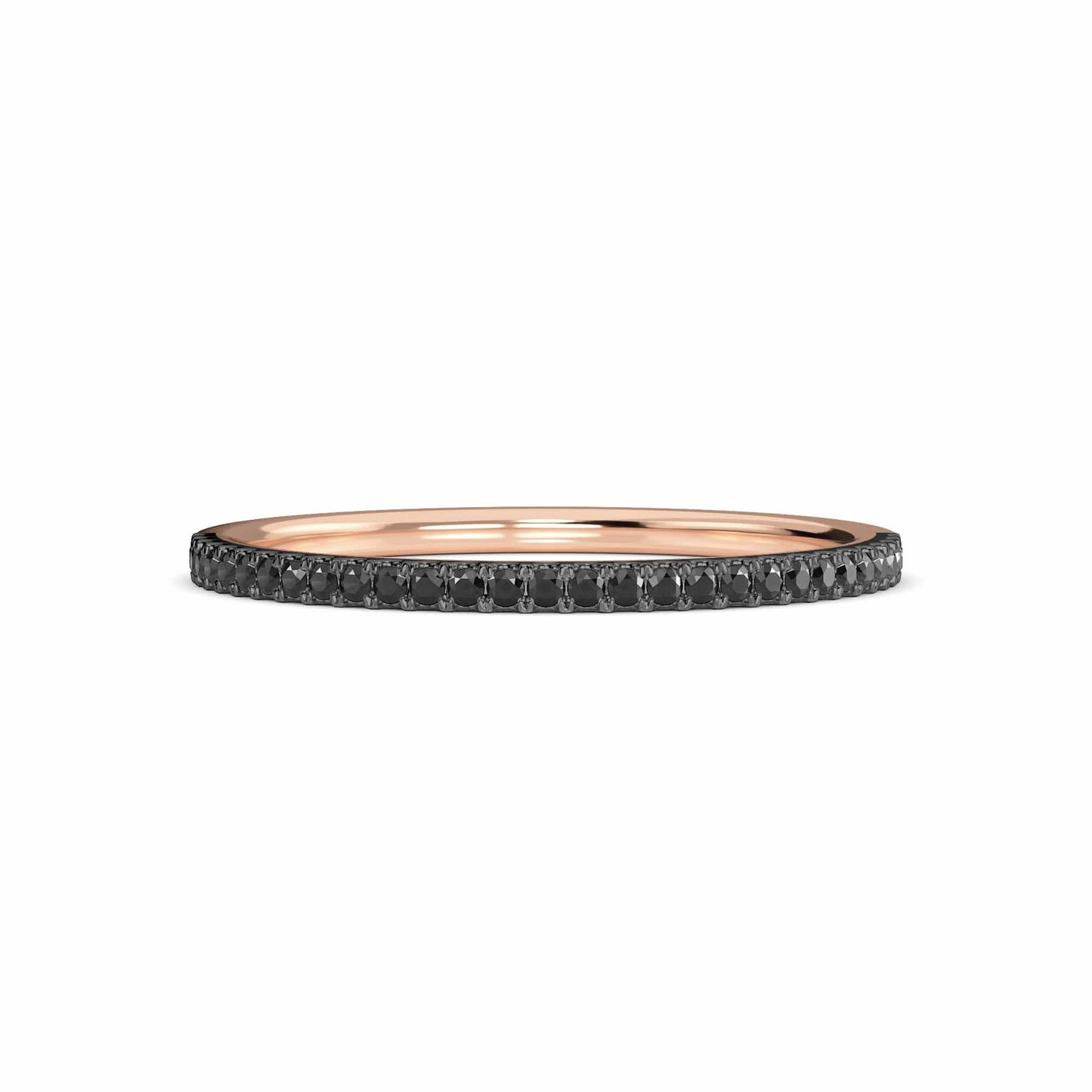 The Black Diamond Pave Half Eternity Band Ring - Stephanie is a thin rose gold band with a row of closely set black diamonds, shown from the side against a white background.