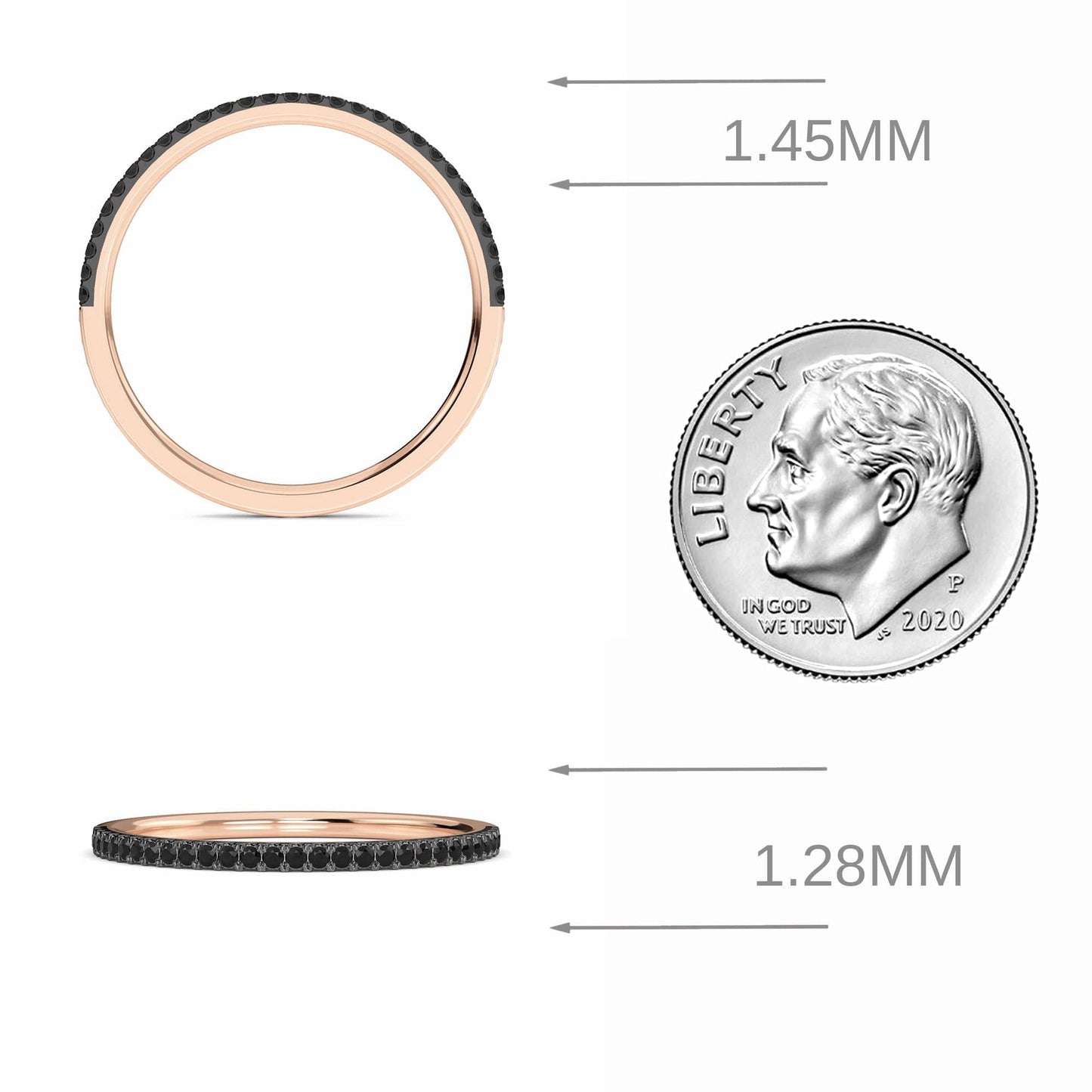 The Black Diamond Pave Half Eternity Band Ring - Stephanie in rose gold, featuring black stones, is displayed beside a U.S. dime for size reference. The band measures 1.45mm in diameter and 1.28mm in thickness.