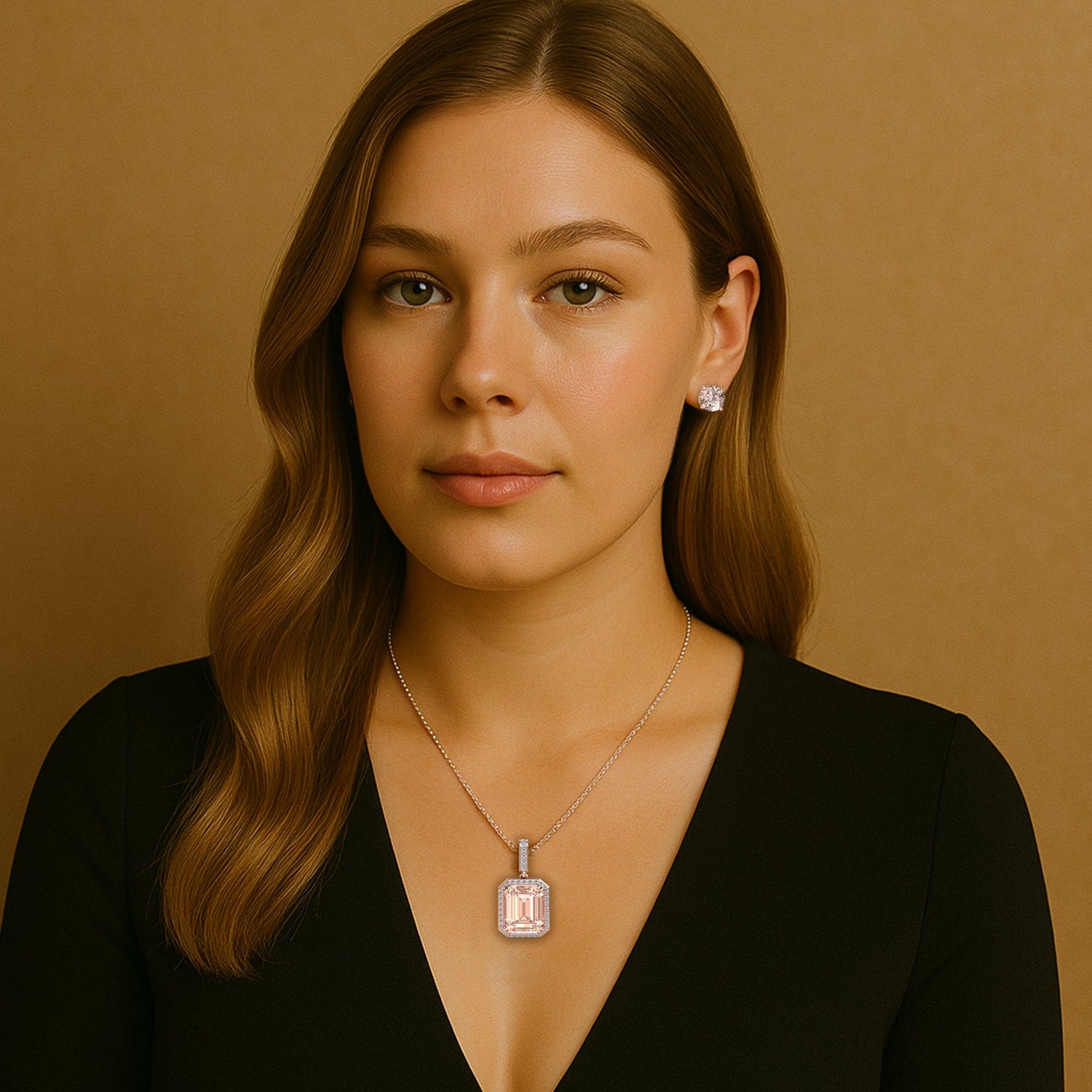 Woman wearing a morganite necklace and earrings against a brown background