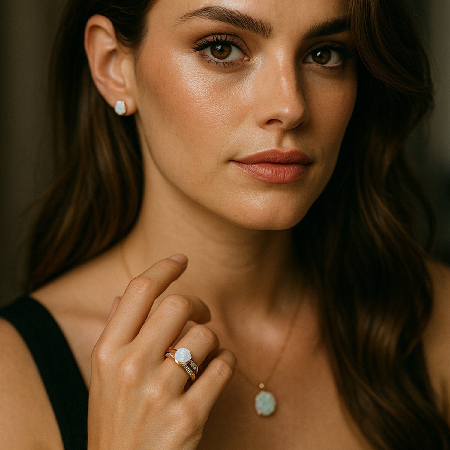 Close-up of a woman wearing jewelry with a blurred background