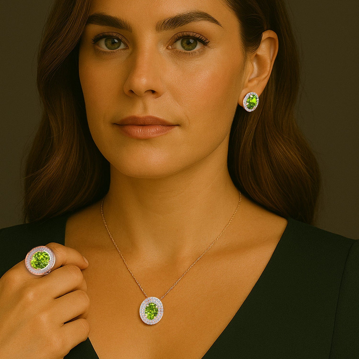 Woman wearing a necklace and earrings with green gemstones against a dark background