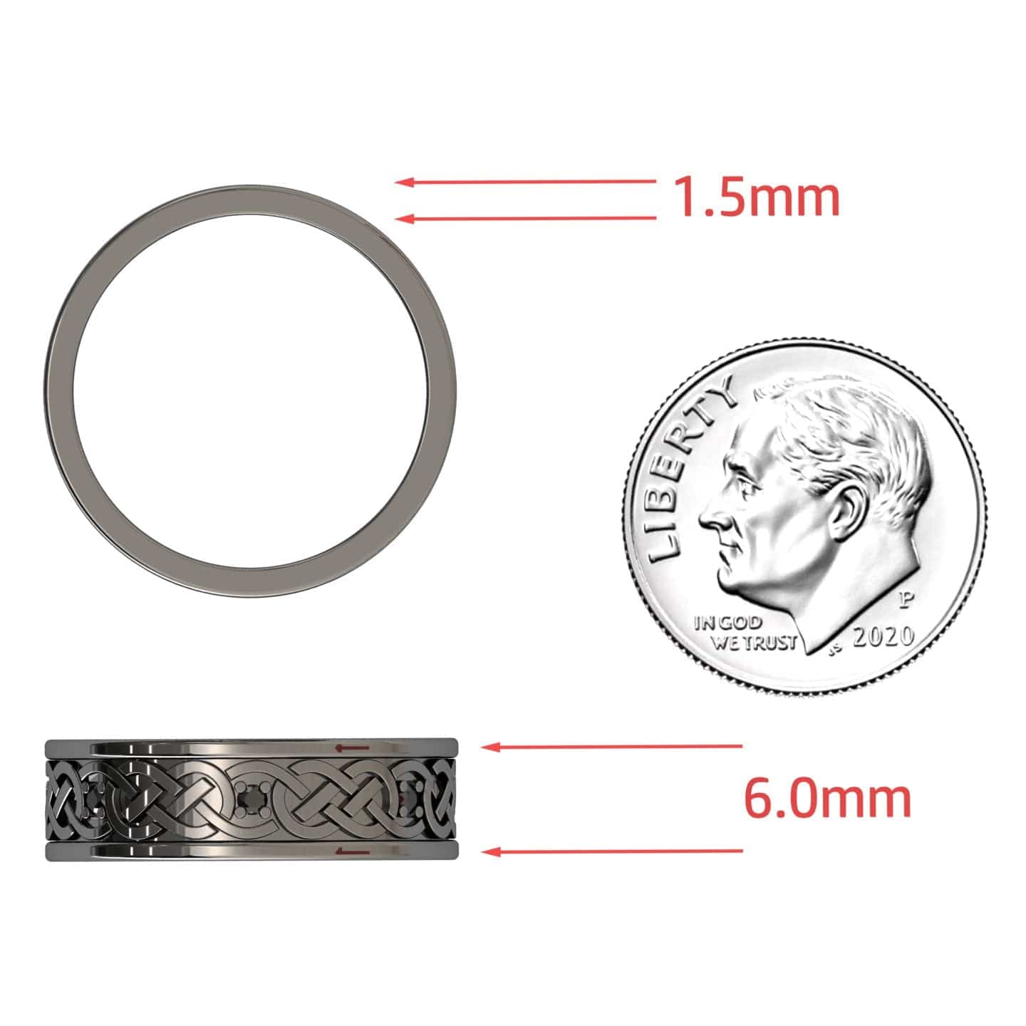 The Black Diamond Celtic Knot Wedding Band - Li Mei is shown beside a U.S. dime for size reference, with red arrows indicating its 1.5mm thickness and 6.0mm width.