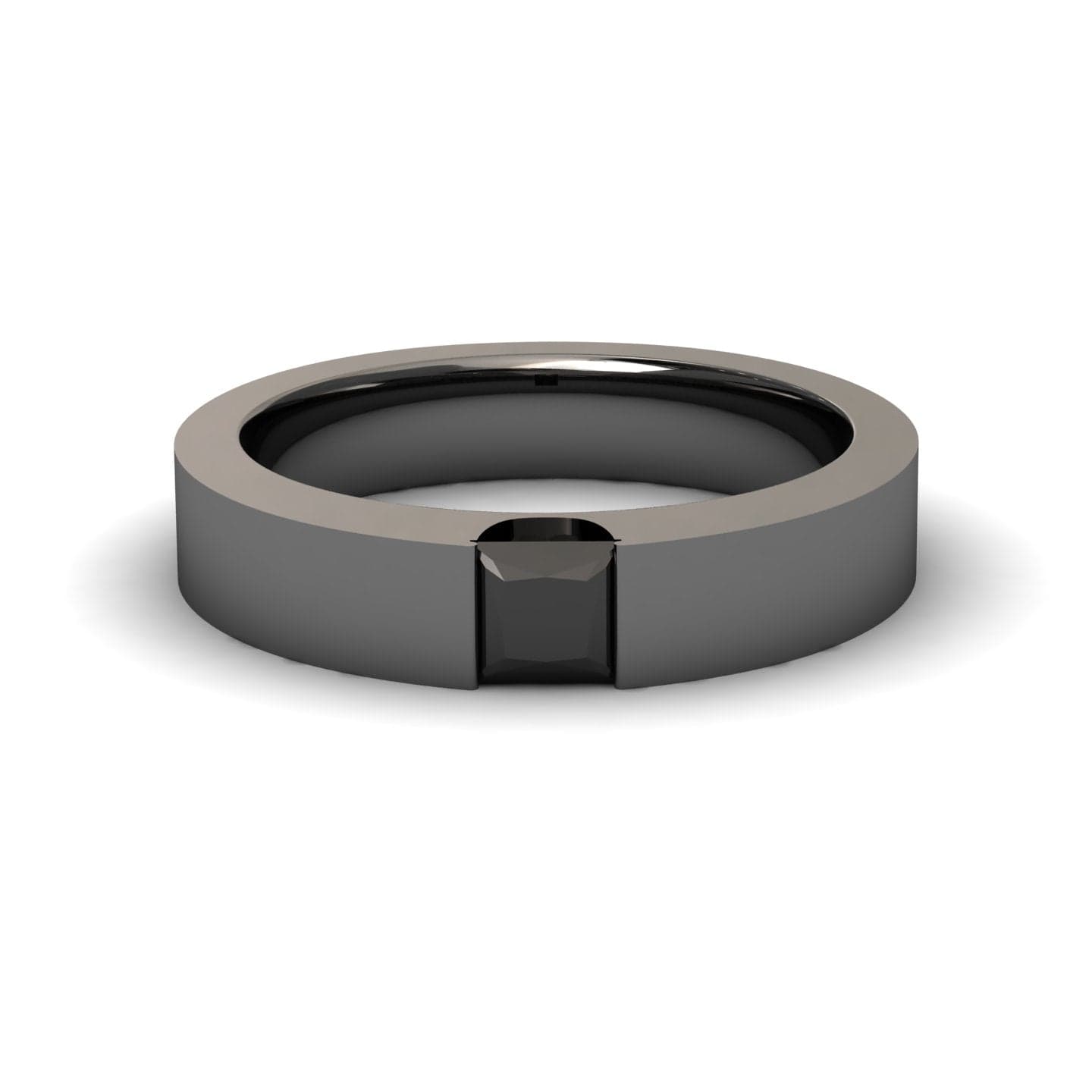 The Black Diamond Solitaire Mens Band - Xiuling features a sleek, modern design with a flat, polished black band and a square black gemstone set flush at the center.