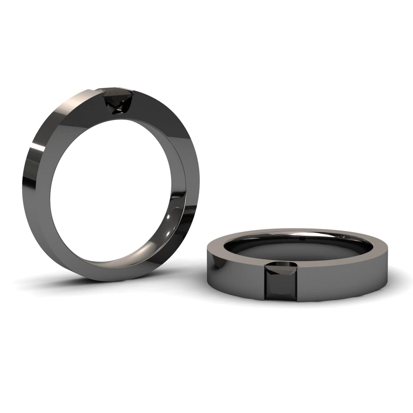 Two modern, minimalist Black Diamond Solitaire Mens Bands - Xiuling. One ring stands upright, the other lies flat. Both feature a flat surface and a small, round black diamond accent embedded in the band.