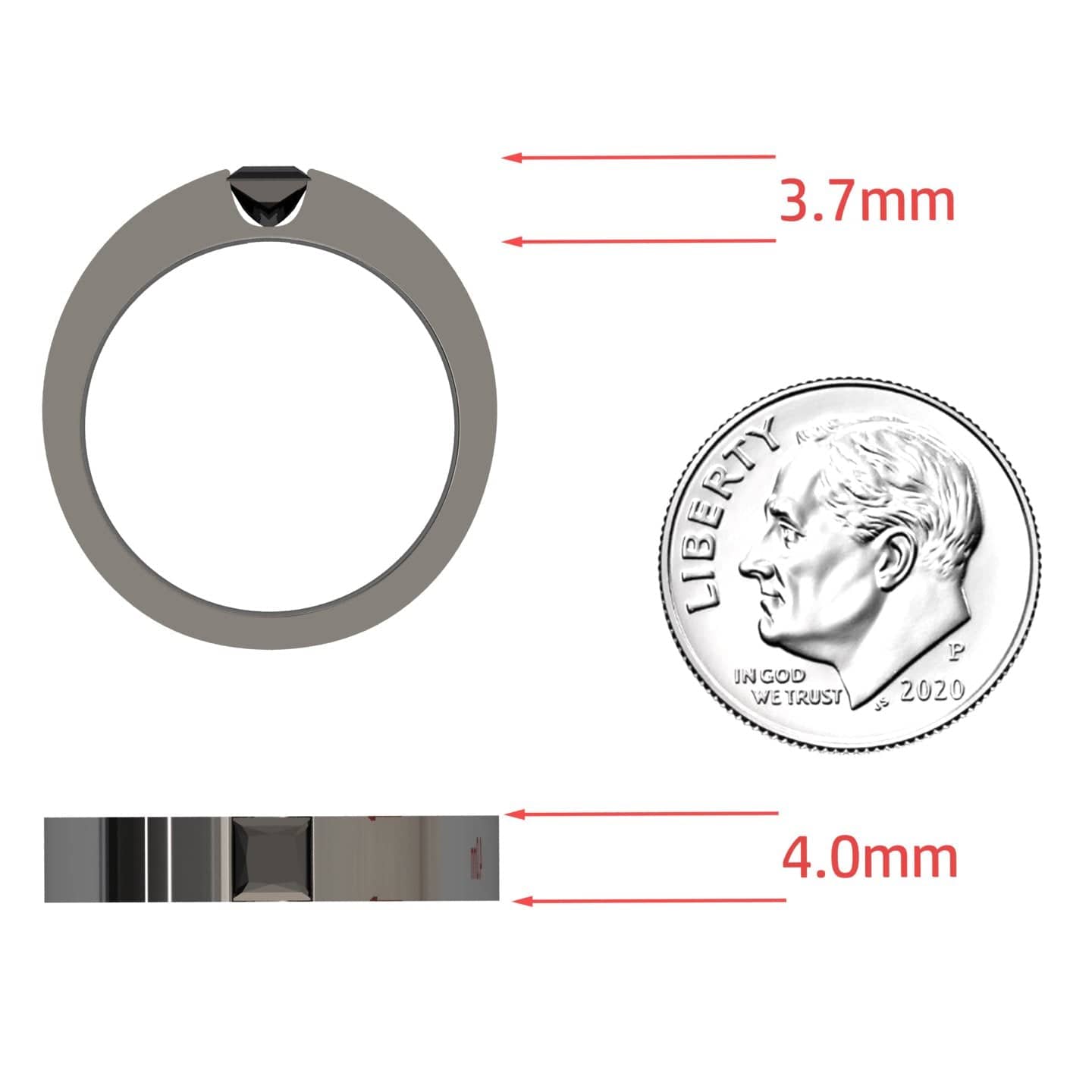 The Black Diamond Solitaire Mens Band - Xiuling is shown next to a US dime for size comparison, with red arrows indicating the bands width: 3.7mm from the inner circle and 4.0mm from the outer side view.