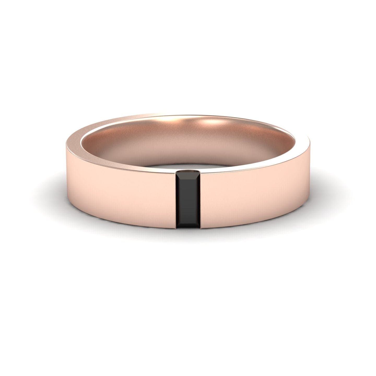 The Black Diamond 4.5mm Mens Band Wedding Ring - Hudson features a smooth rose gold finish with a thin black vertical inlay at the center, offering a modern, minimalist design and shown on a white background.