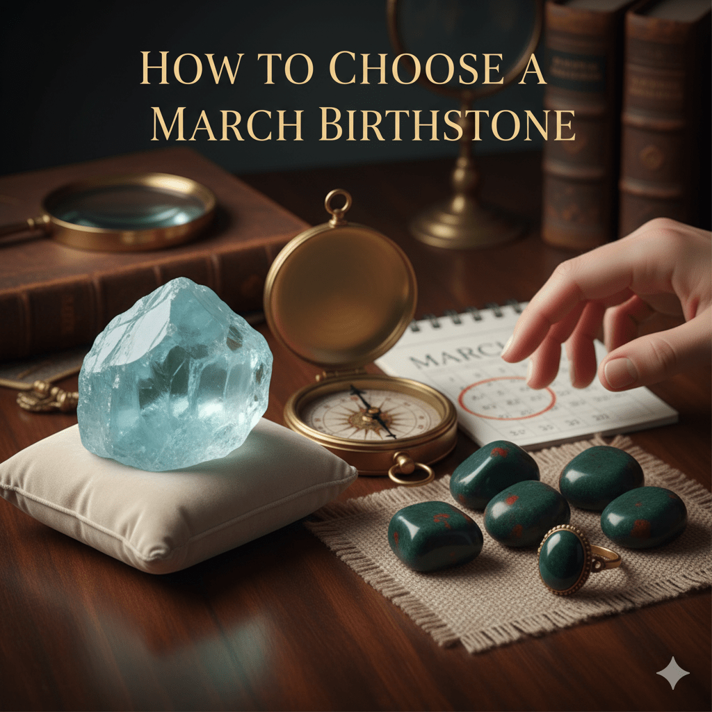 Display of Aquamarine gemstones and jewelry with a focus on March birthstone selection.