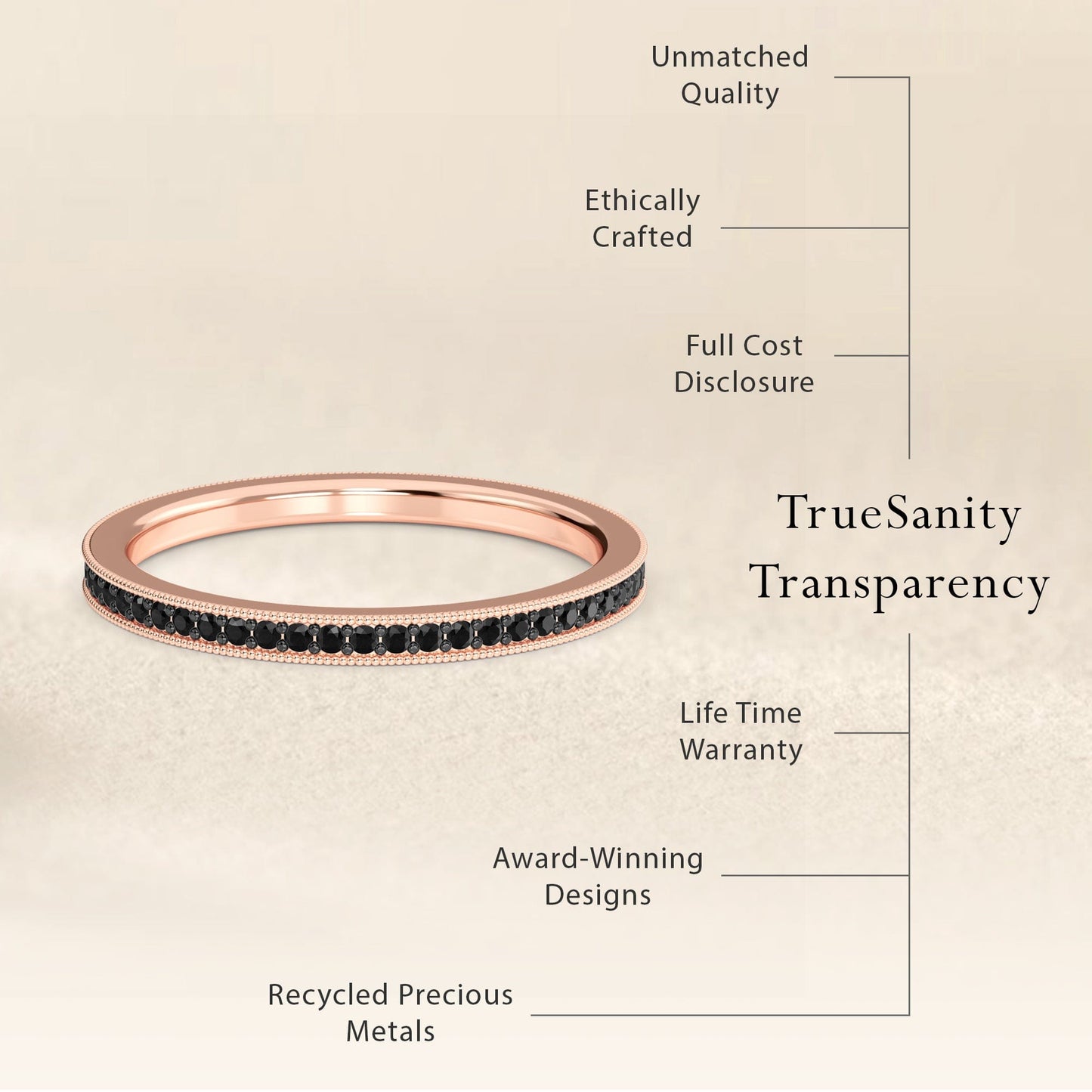 The Black Diamond Milgrain Eternity Pave Band - Mariel is displayed in rose gold with black stones and features unmatched quality, ethical craftsmanship, full price transparency, a lifetime warranty, award-winning design, and recycled metals.