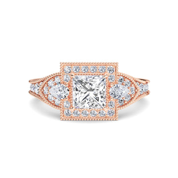 White Diamond Three Stone Halo Pave Engagement Ring - Scout