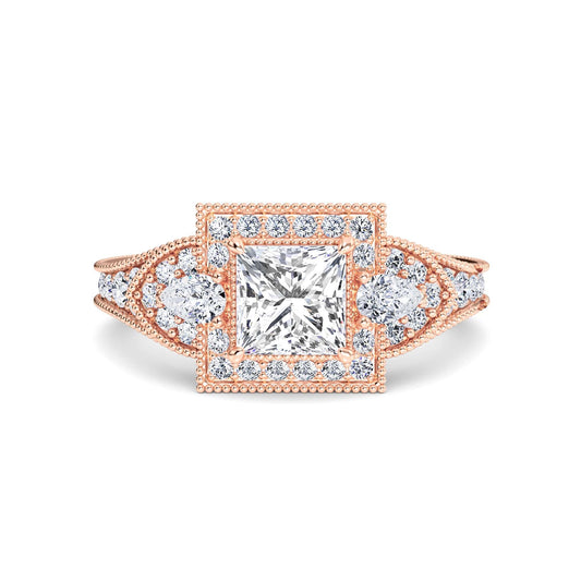 White Diamond Three Stone Halo Pave Engagement Ring - Scout