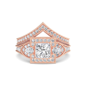 White Diamond Three Stone Halo Pave Bridal Set Engagement Ring - Ottilie