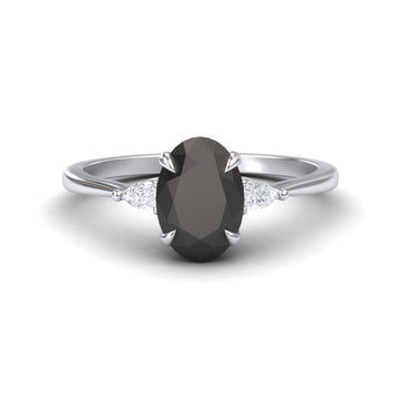 Oval Three-Stone Certified Natural Black Diamond Engagement Ring - Lorraine