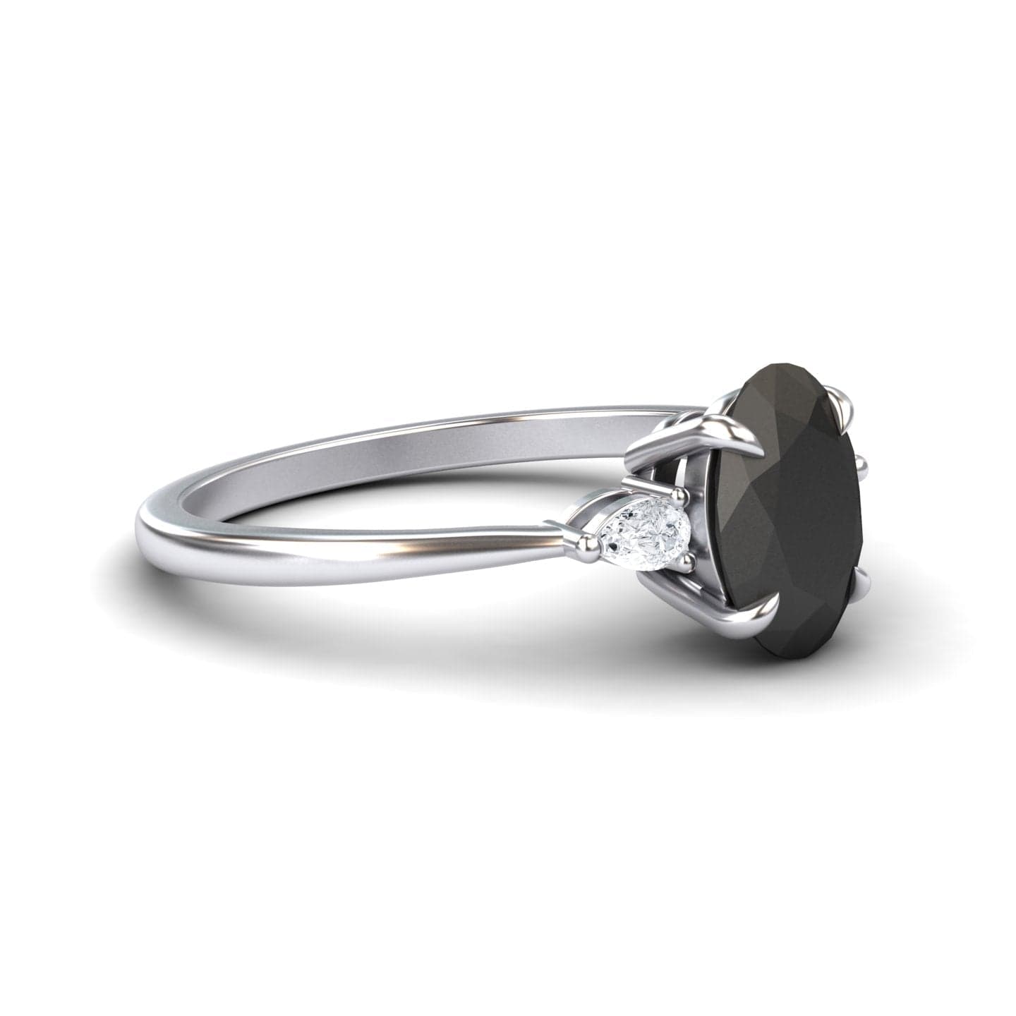Oval Three-Stone Certified Natural Black Diamond Engagement Ring - Lorraine