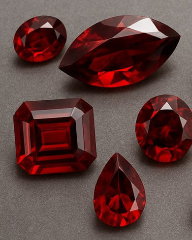 Five red garnet gemstones of different shapes on a gray background