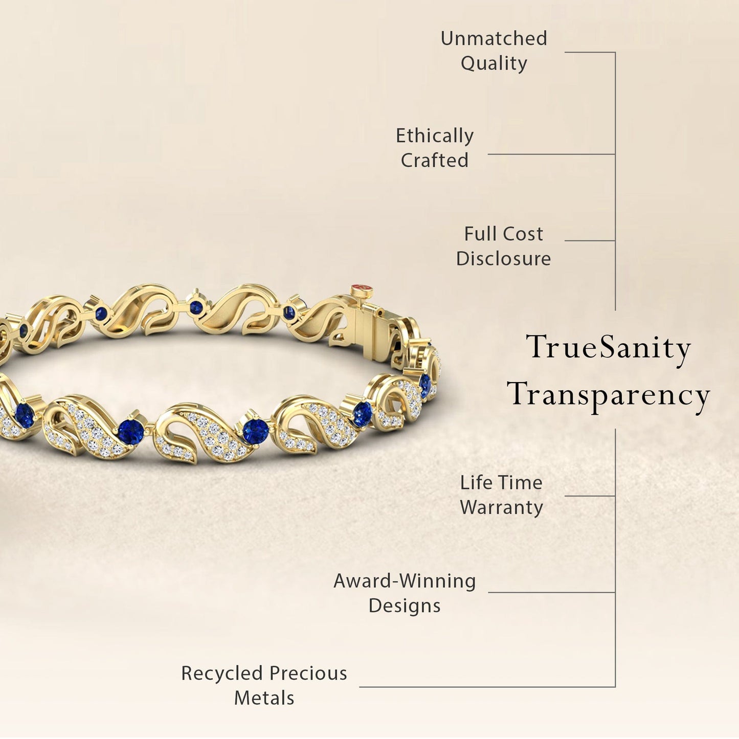 The Blue Sapphire & Diamond Swirl Link Bracelet - Elizabeth is displayed. It features unmatched quality, ethical craftsmanship, cost transparency, a lifetime warranty, award-winning design, and uses recycled precious metals.