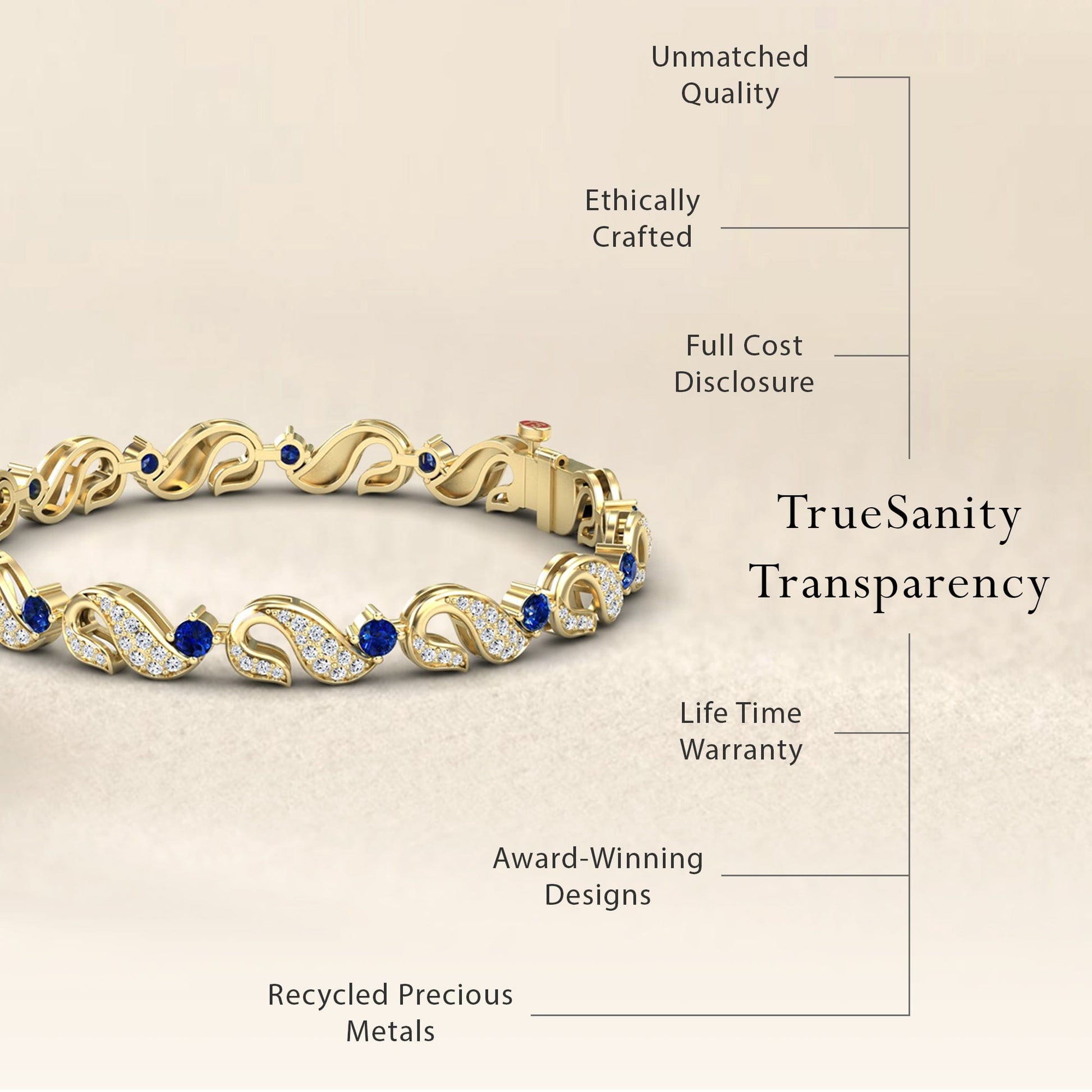 The Blue Sapphire & Diamond Swirl Link Bracelet - Elizabeth is displayed. It features unmatched quality, ethical craftsmanship, cost transparency, a lifetime warranty, award-winning design, and uses recycled precious metals.