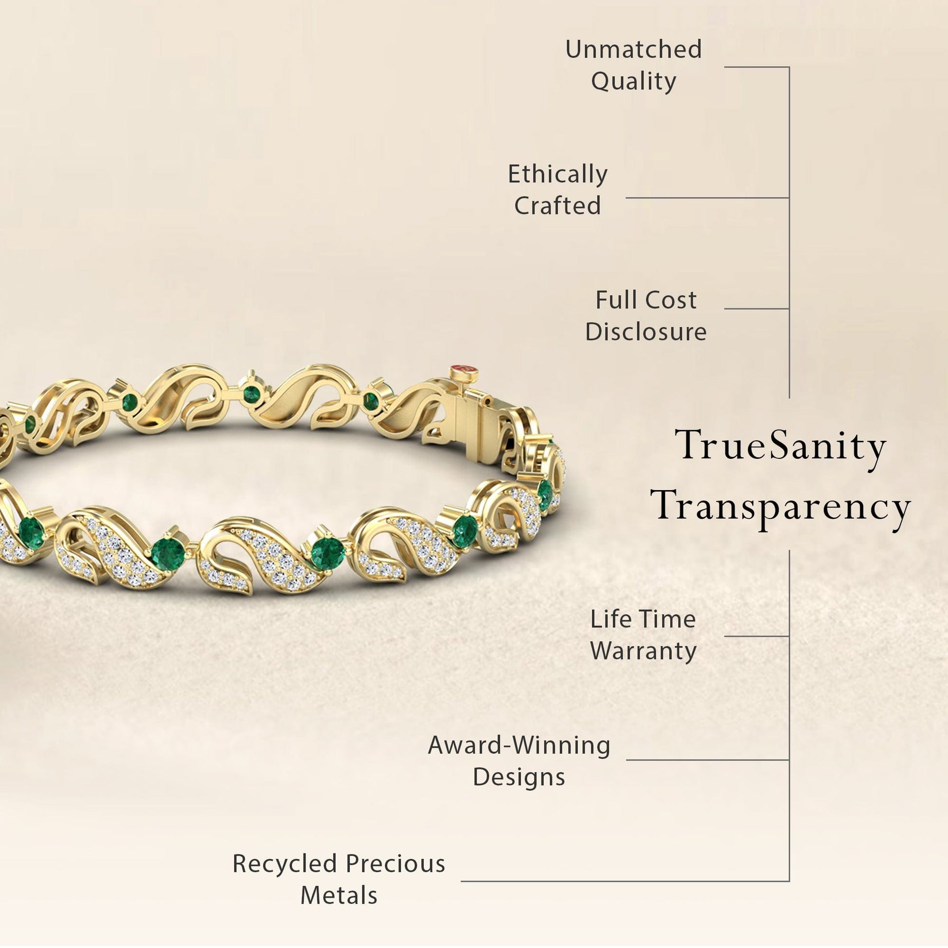 The Emerald & Diamond Swirl Link Bracelet - Elizabeth, crafted from recycled precious metals, features unmatched quality and award-winning design with green and white gemstones. Enjoy ethical sourcing, full cost transparency, and a lifetime warranty.