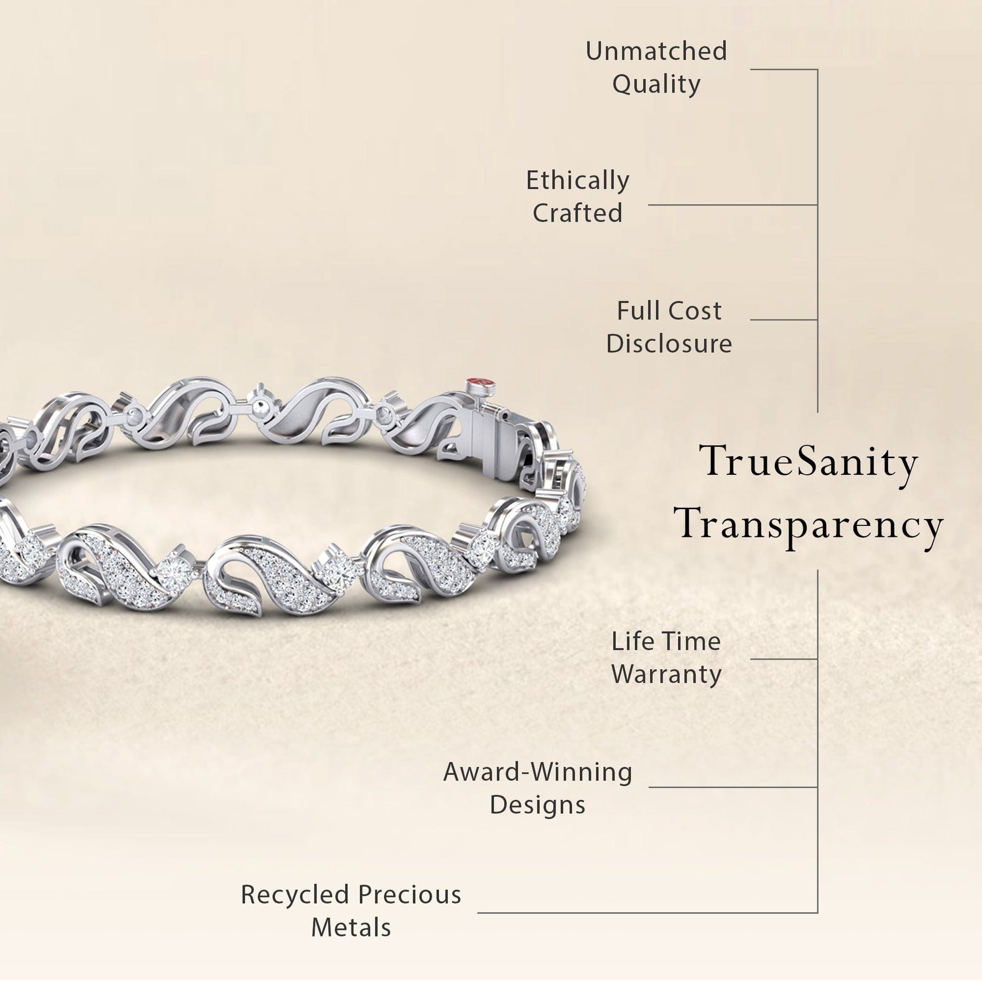 The White Diamond Swirl Link Bracelet - Elizabeth is shown with labels: unmatched quality, ethically crafted, full cost disclosure, lifetime warranty, award-winning design, recycled metals. Text reads: TrueSanity Transparency.