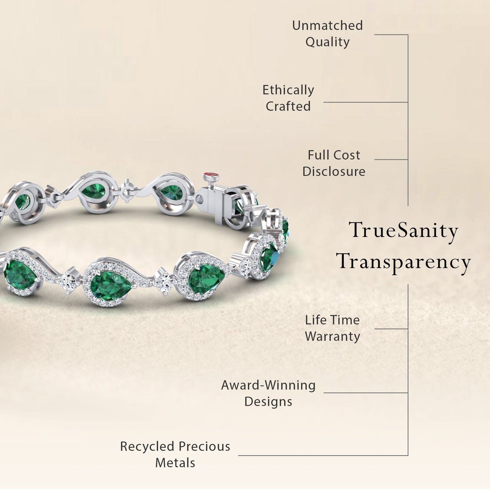 The Emerald & Diamond Tennis Bracelet - Gemma is shown, with text emphasizing unmatched quality, ethical crafting, transparent pricing, a lifetime warranty, award-winning design, and recycled precious metals.