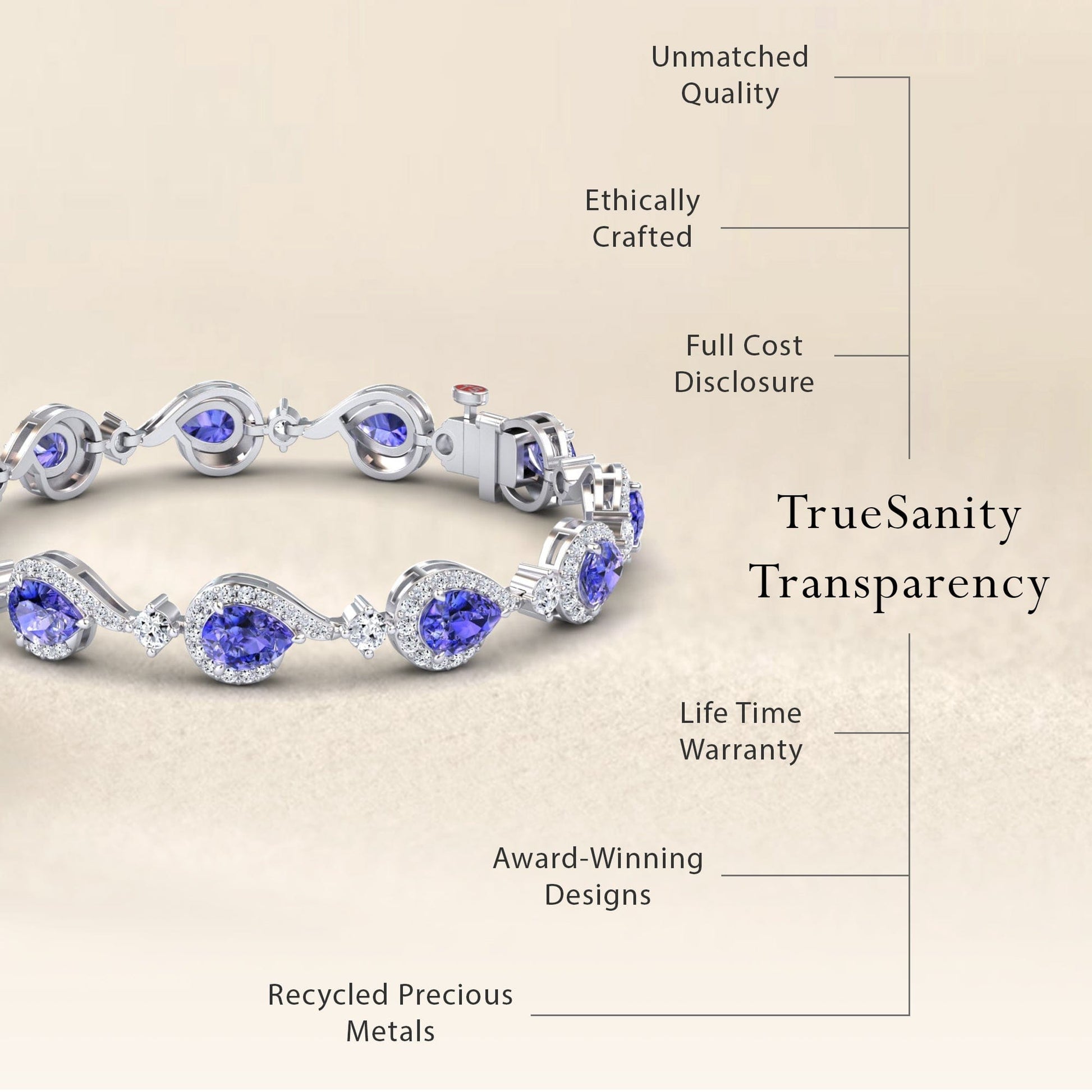 The Tanzanite & Diamond Tennis Bracelet - Gemma is showcased, with text featuring: Unmatched Quality, Ethically Crafted, Full Cost Disclosure, Lifetime Warranty, Award-Winning Designs, and Recycled Precious Metals.