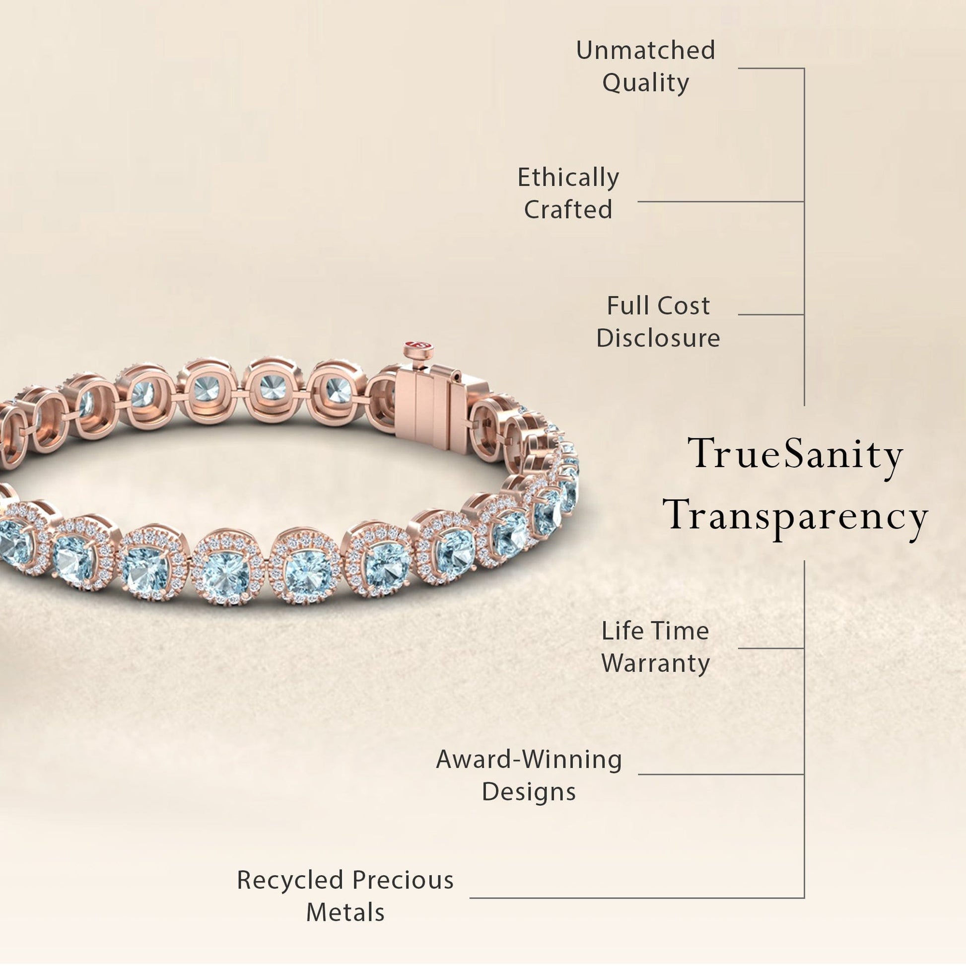 The Aquamarine & Diamond Halo Tennis Bracelet - Isabella in rose gold is displayed. Text highlights unmatched quality, ethical craftsmanship, full cost disclosure, lifetime warranty, award-winning design, and recycled metals.
