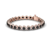 The Black & White Diamond Halo Tennis Bracelet - Isabella features round black stones each encircled by white diamond halos, all set in rose gold with a sleek clasp.