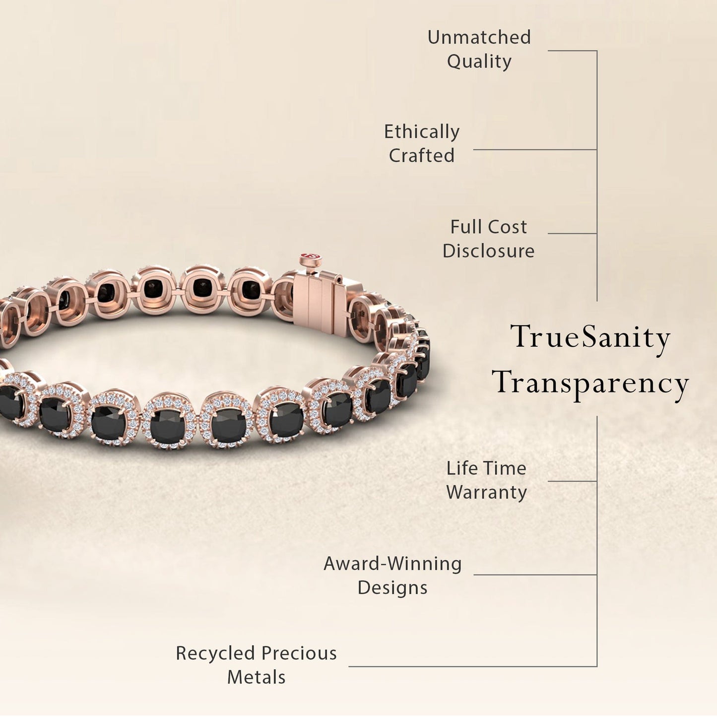 The Black & White Diamond Halo Tennis Bracelet - Isabella is displayed. It features unmatched quality, ethically crafted with recycled metals, full cost transparency, a lifetime warranty, and award-winning design.