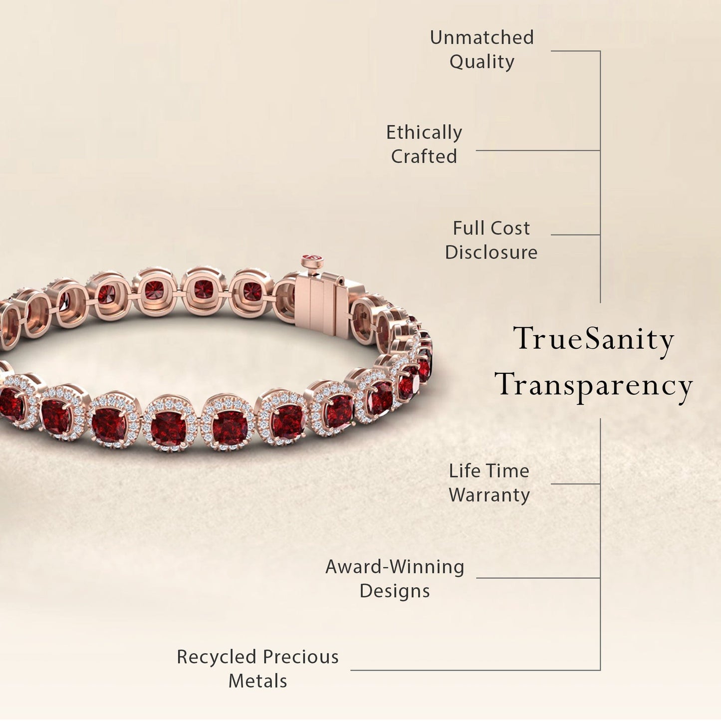 The Lab Grown Ruby & Diamond Halo Tennis Bracelet - Isabella features vivid rubies and diamonds. It offers unmatched quality, ethical crafting, full cost transparency, recycled metals, award-winning design, and a lifetime warranty.