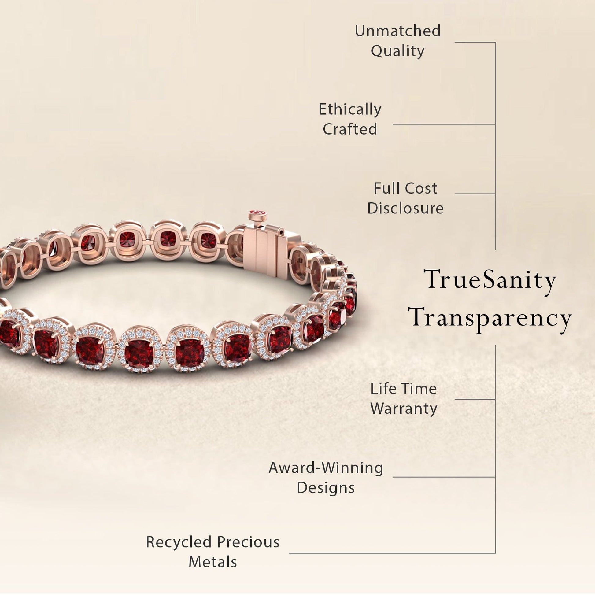 The Lab Grown Ruby & Diamond Halo Tennis Bracelet - Isabella features vivid rubies and diamonds. It offers unmatched quality, ethical crafting, full cost transparency, recycled metals, award-winning design, and a lifetime warranty.
