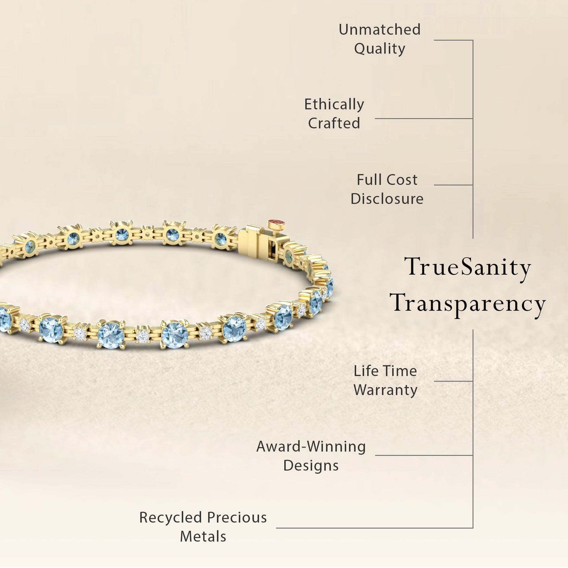 The Aquamarine & Diamond Tennis Bracelet - Natalia is shown on a beige background, featuring unmatched quality, ethical craftsmanship, full cost transparency, a lifetime warranty, award-winning design, and recycled metals.