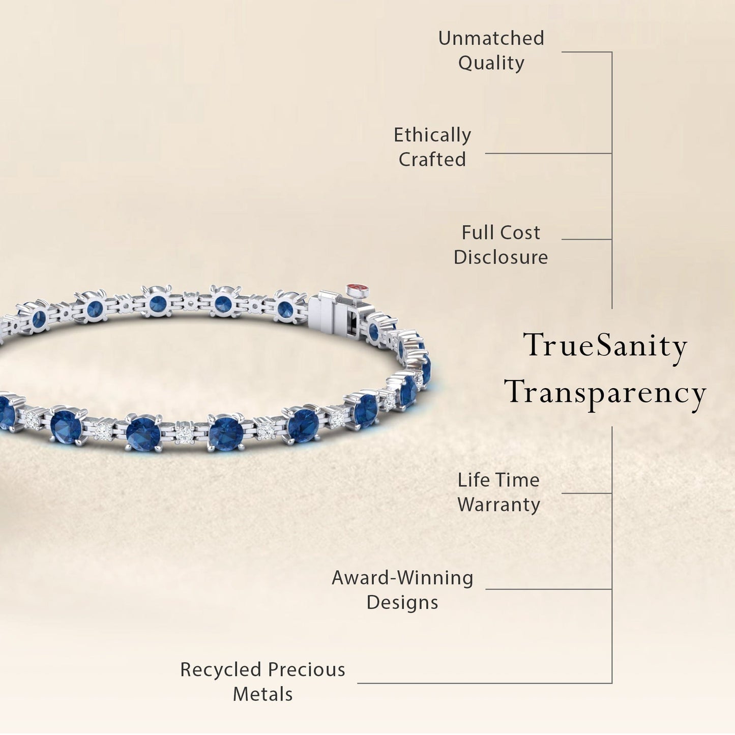 The London Blue Topaz & Diamond Tennis Bracelet - Natalia features unmatched quality, ethical crafting, full cost transparency, a lifetime warranty, award-winning design, and recycled precious metals.