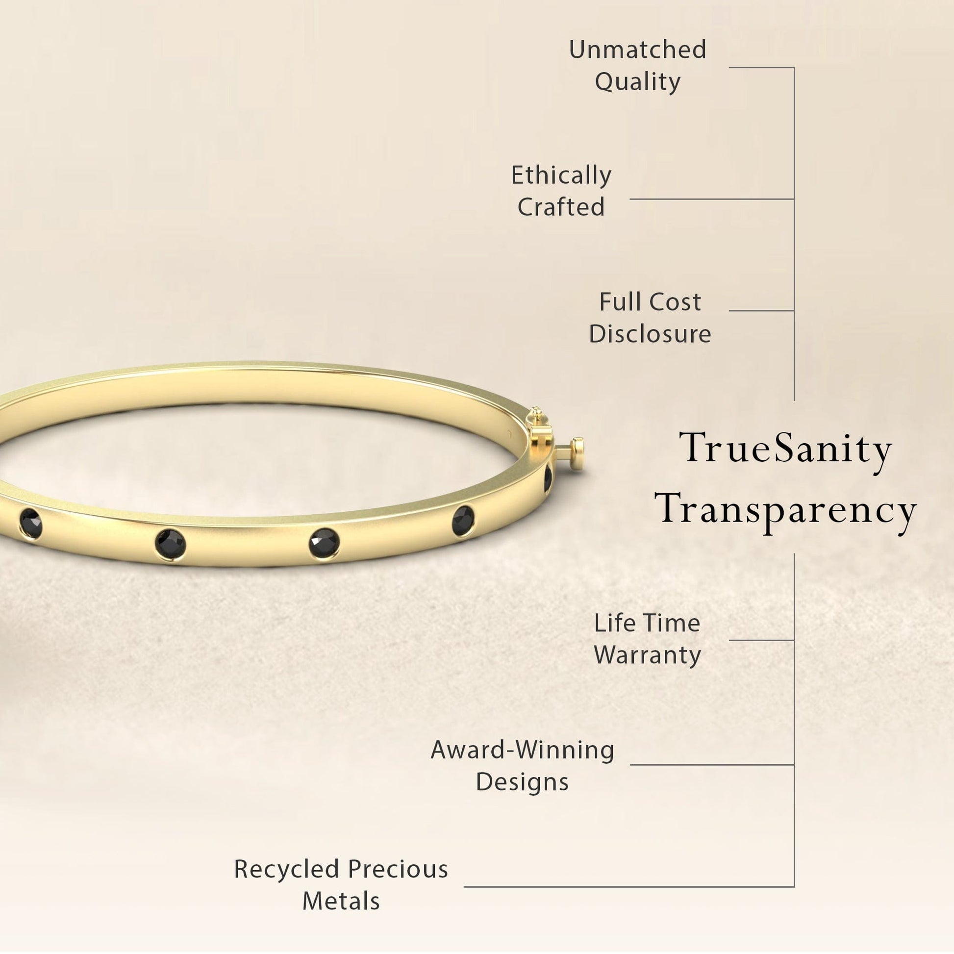 The Black Diamond Bezel-Set Bracelet - Flavia is displayed on a beige background. Features include unmatched quality, ethical crafting, transparent pricing, a lifetime warranty, award-winning design, and recycled precious metals.