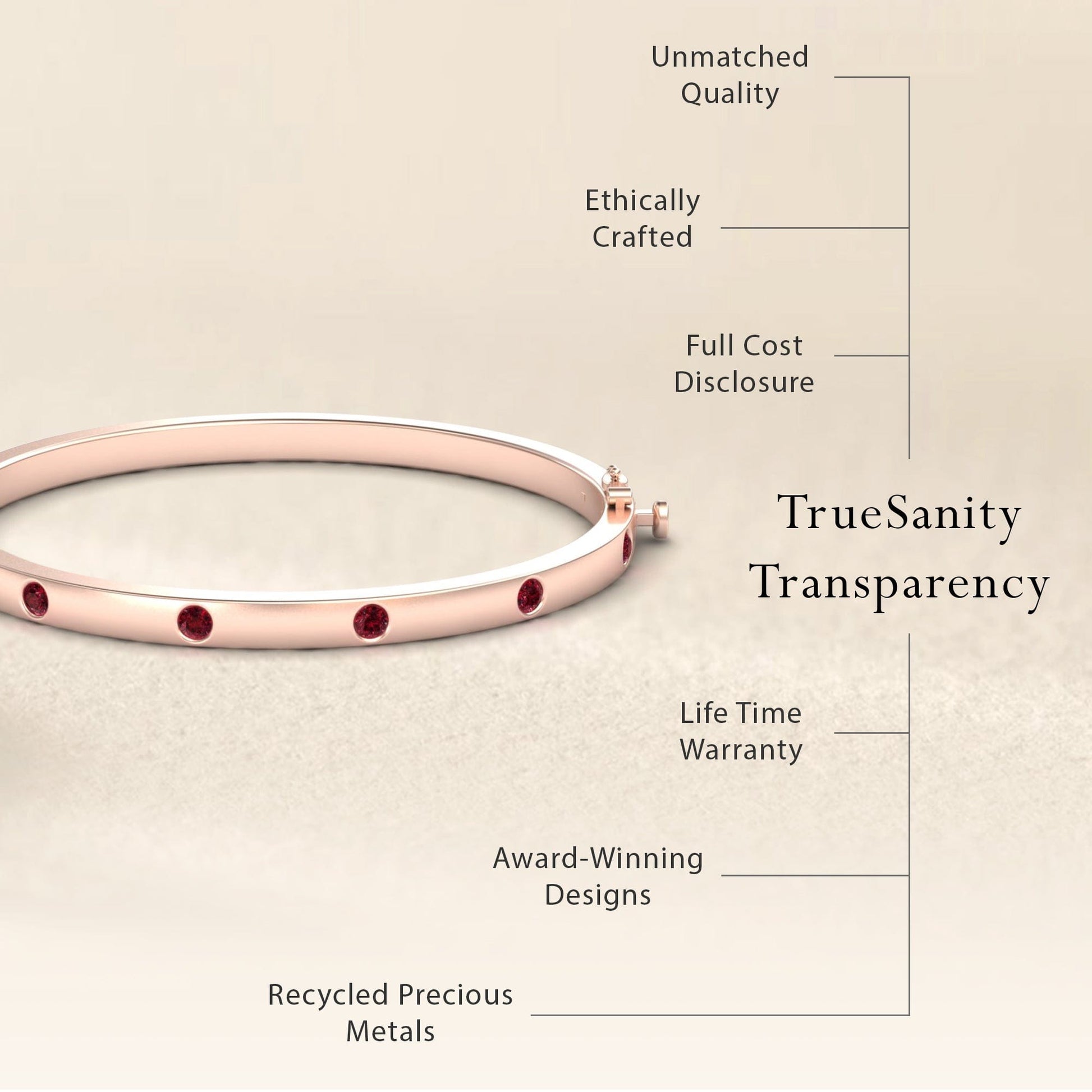 The RUBY Bezel-Set Bracelet - Flavia, crafted in rose gold with red gemstones, is displayed on beige. Features include unmatched quality, ethical crafting, transparent pricing, lifetime warranty, award-winning design, and recycled metals.