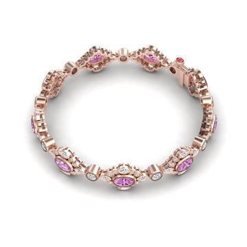 The Pink Sapphire & Diamond Vintage-Inspired Tennis Bracelet - Ariana showcases oval and round pink gemstones with clear diamonds in a linked floral design, elegantly arranged in a circle against a white background.