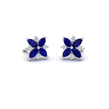 Blue Sapphire & Diamond Floral Stud Earrings - Madhavi