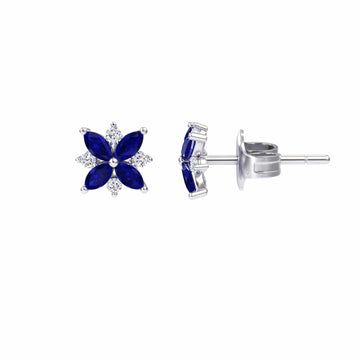 Blue Sapphire & Diamond Floral Stud Earrings - Madhavi