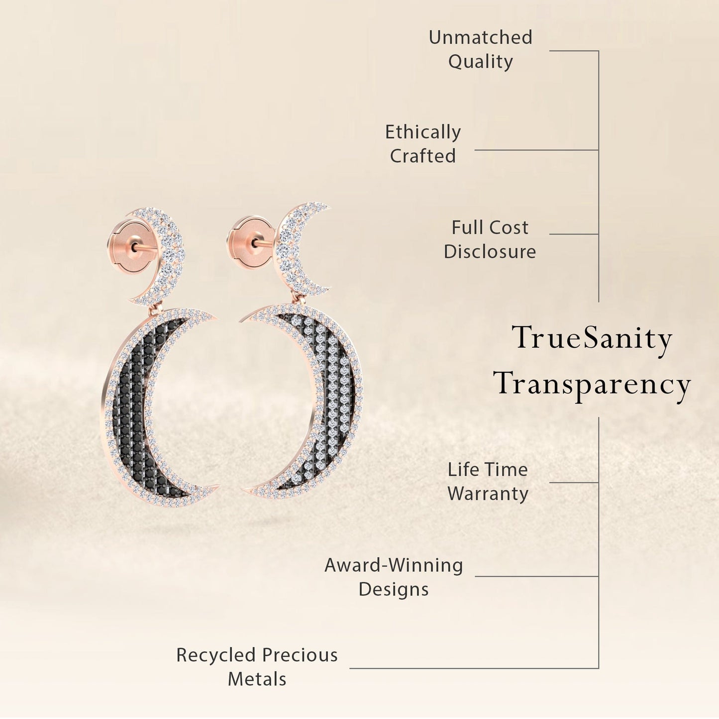 Black & White Diamond Crescent Moon Drop Earrings - Kailani