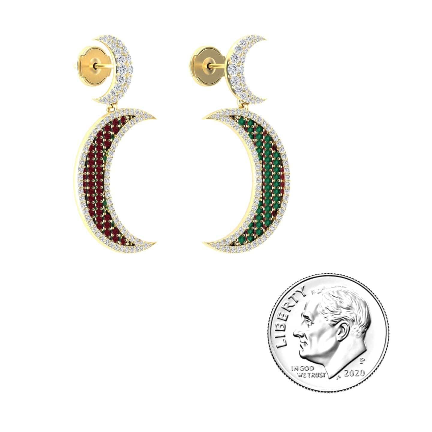 Ruby & Emerald Crescent Moon Diamond Drop Earrings - Kailani