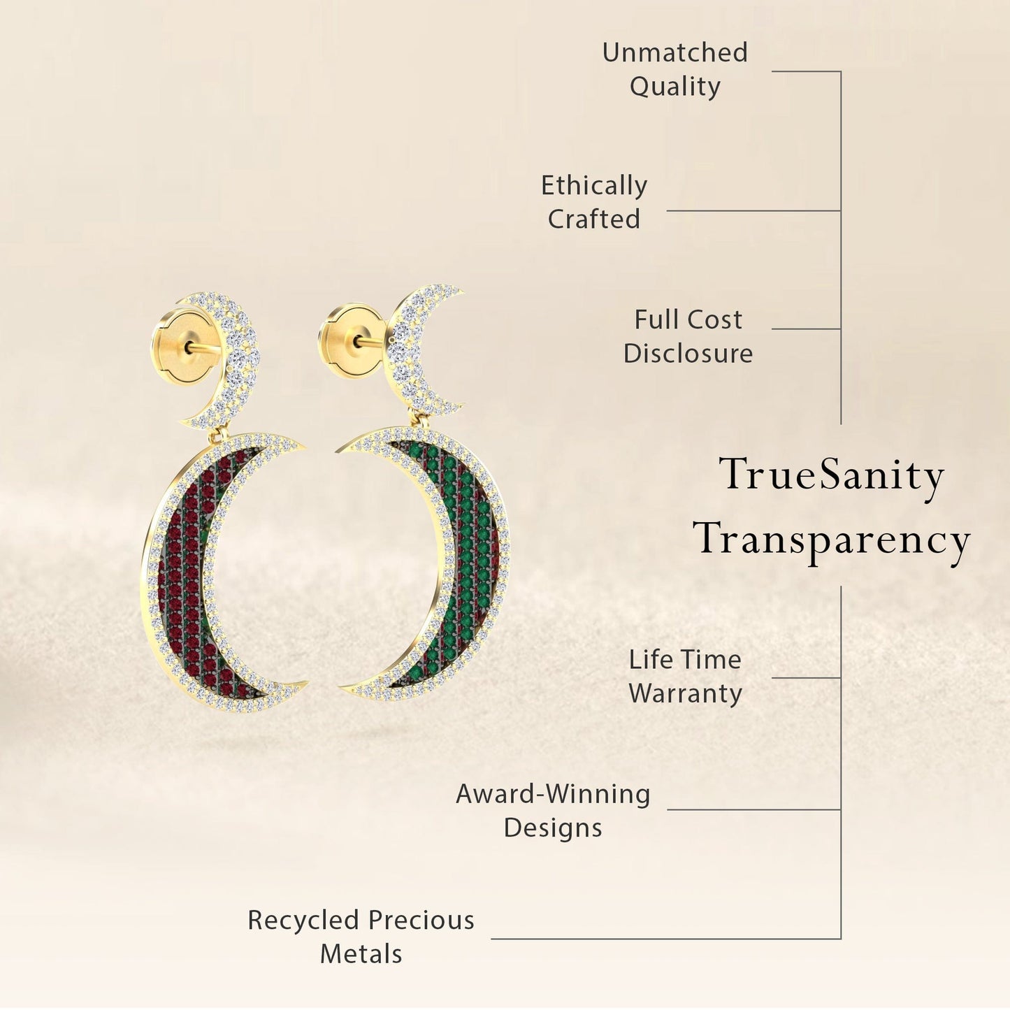 Ruby & Emerald Crescent Moon Diamond Drop Earrings - Kailani