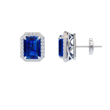 Lab Grown Blue Sapphire & Diamond Halo Stud Earrings - Rina