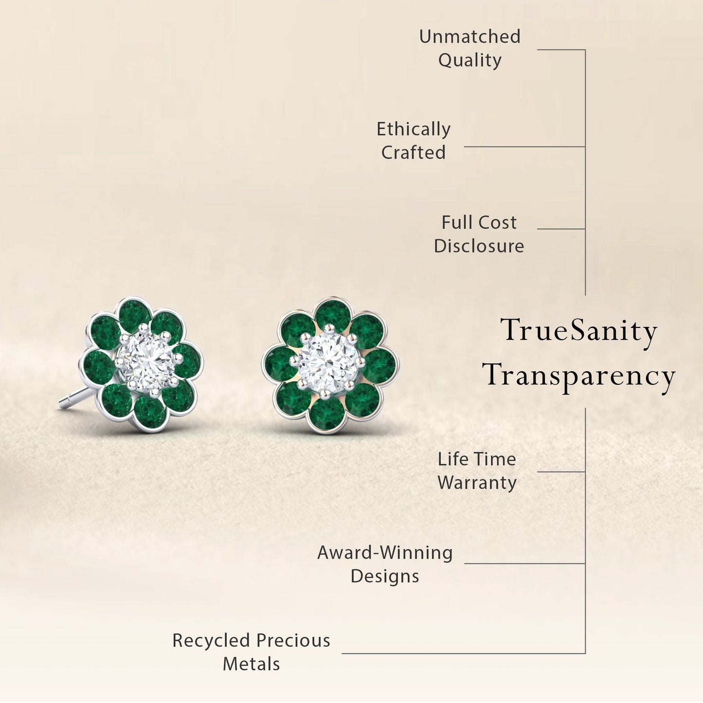 Emerald & Diamond Floral Stud Earrings - Trudy