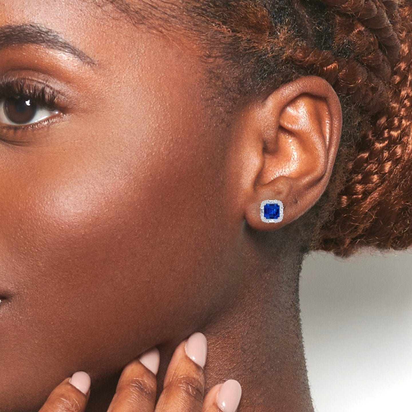 Lab Grown Blue Sapphire & Diamond Halo Stud Earrings - Elisa