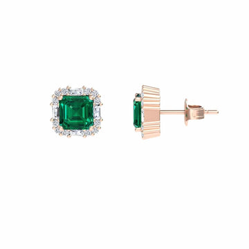 Lab Grown Emerald & Diamond Halo Stud Earrings - Elisa