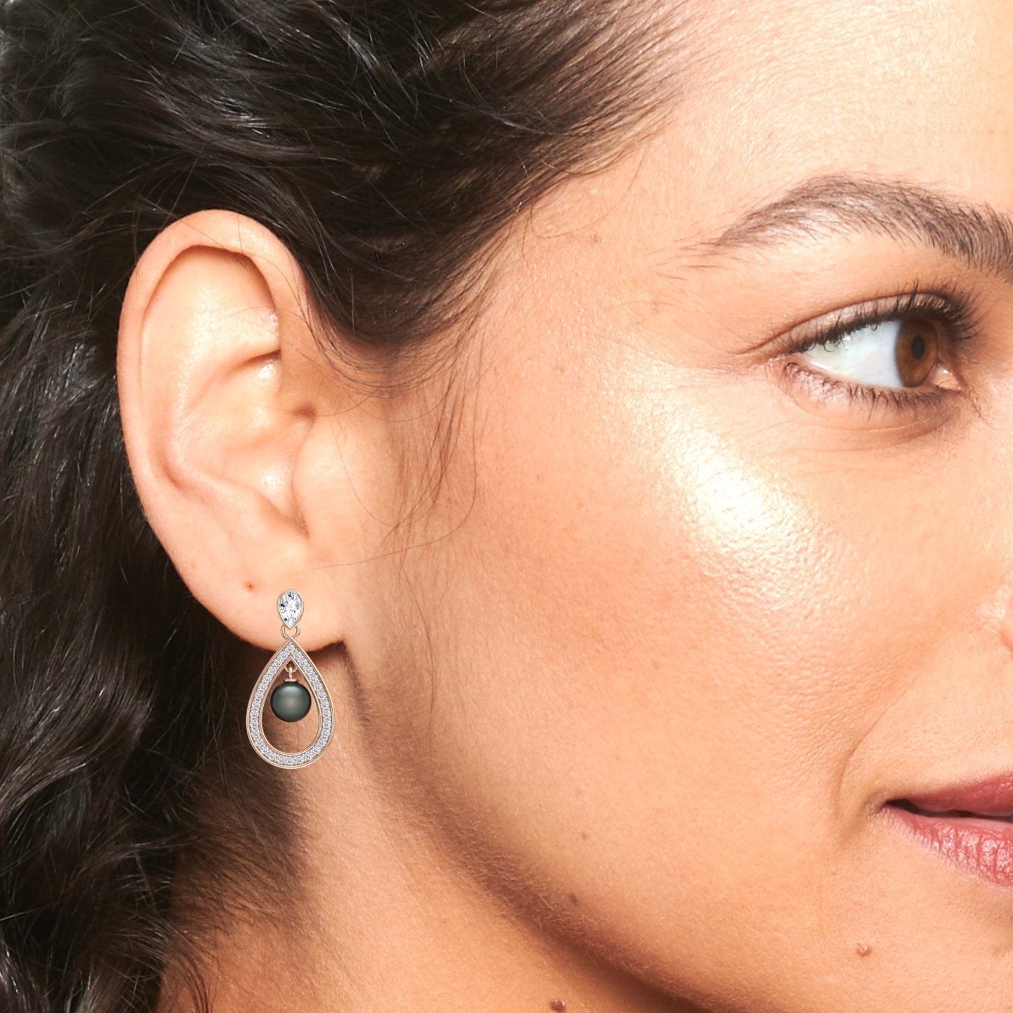 Black Akoya Pearl & Diamond Halo Drop Earrings - Kiran