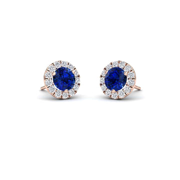 Blue Sapphire & Diamond Halo Stud Earrings - Elena