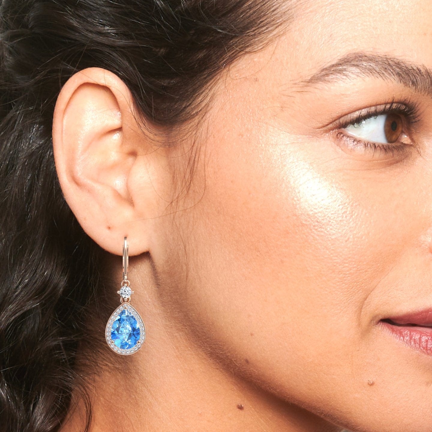 Swiss Blue Topaz & Diamond Halo Earring - Ana