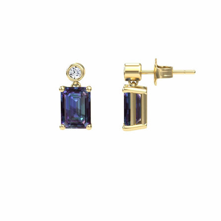 A pair of Lab Grown Alexandrite & White Diamond Drop Earrings - Gracia, featuring emerald-cut alexandrites with round white diamonds above, shown from front and side views against a white background.